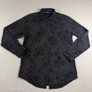 MIX & NY Studio Shirt Womens Small Black Floral Velvet Flocked Button Up Stretch